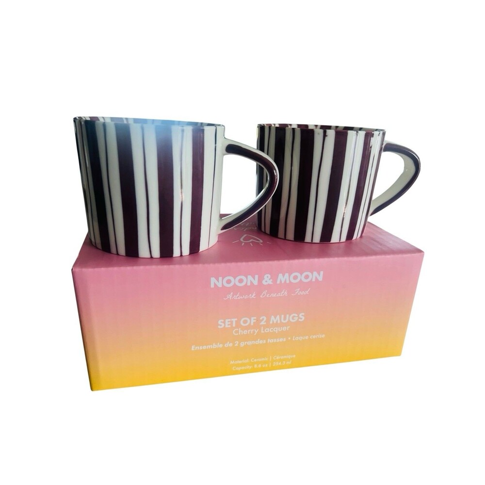 NEW Set Of 2 Noon & Moon Cherry Lacquer Red & Ivory Striped Ceramic Mugs Cups